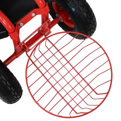 Garden Seat with Wheels - Rolling Garden Stool with Extendable Steer Handle, Swivel Seat and Utility Tool Tray - Red