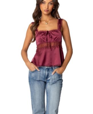 Yilon イロン sidelace piony tops Steal My Love Lace Trim Satin Tank Top (Burgundy) · NanaMacs