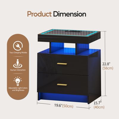 1 PC Wood Smart LED Nightstand with Charging, Auto Sensor & 2 Drawers -  Nightstand
