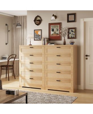 5 Drawer Rattan Dresser for Bedroom, 47.27” Tall Dresser with Power Outlets, Wood Dresser Chest of Drawers with Metal Handles for Living Room Closet Hallway Entryway