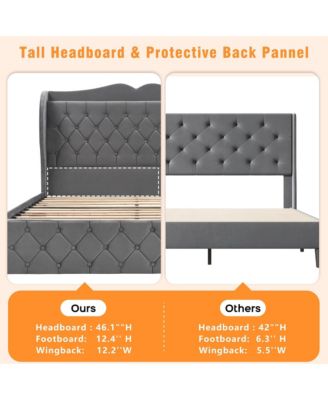 Queen Size Grey Velvet Bed Frame with 4 Convenient Storage Drawers, Wingback Headboard with Charging Station