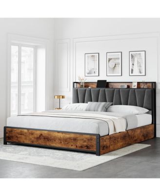 King Size Bed Frame with Storage Linen Upholstered Headboard, 4 Drawers Platform Bed Frame