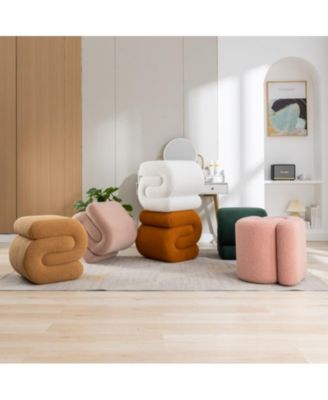 Modern S-Shape Makeup Stool, Teddy Fabric Upholstered Footstool, Comfy Ottoman for Bedroom, Living Room, and Dressing Table