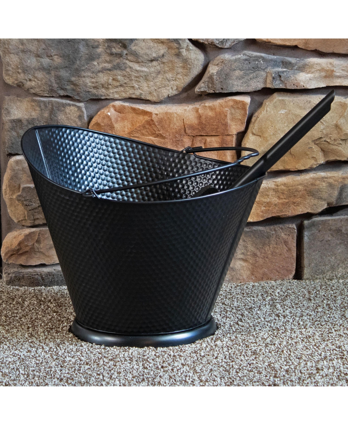 Indoor/Outdoor 5-Gallon Iron Coal and Ash Bucket with Shovel and Brush - Black