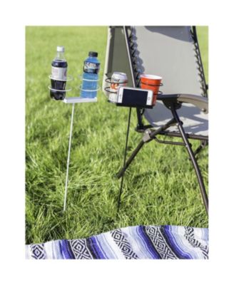 Outdoor Drink/Beverage Holder Stakes with Side Tray for Lawn, 2pk, Black and White