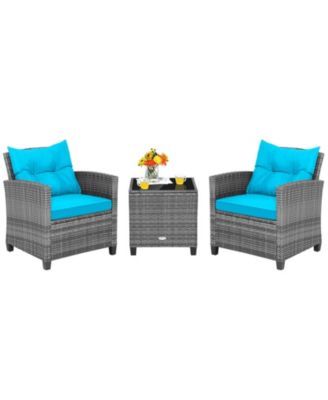 3 Pieces Outdoor Wicker Conversation Set with Tempered Glass Tabletop