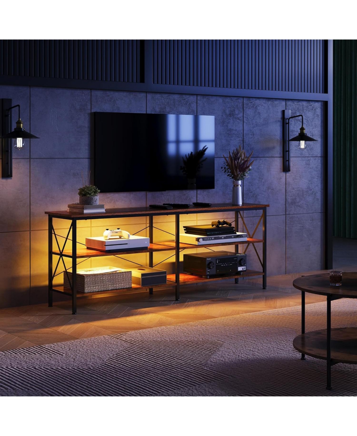 Wlive Tv Stand for 65 70 inch Tv with Led Lights Gaming Entertainment Center with Storage Industrial Tv Console for Living Room Long 63" Led Tv Cabine