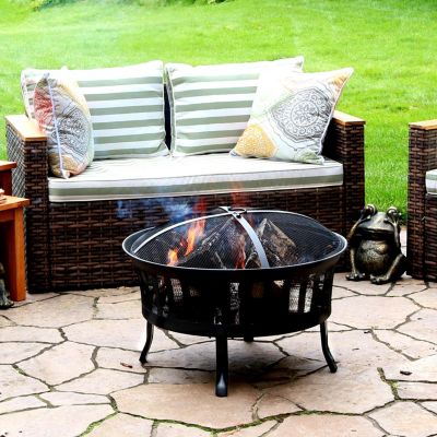 25" Outdoor Steel Mesh Stripe Cutout Fire Pit Set with Spark Screen and Poker Lifting Tool