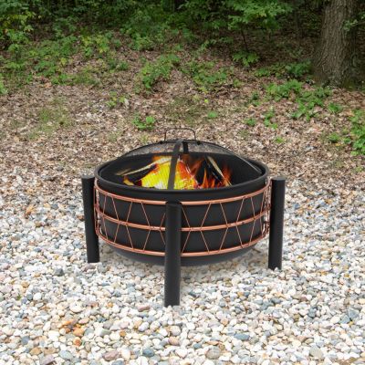 Steel Fire Pit with Bronze Trapezoid Pattern and PVC Cover - 24.5" Round - Black