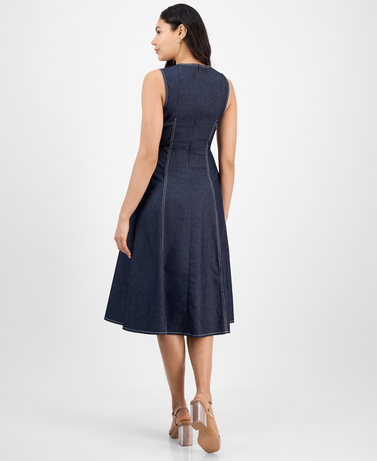 Shop Vince Camuto Women's Fit & Flare Cotton Denim Midi Dress In Navy