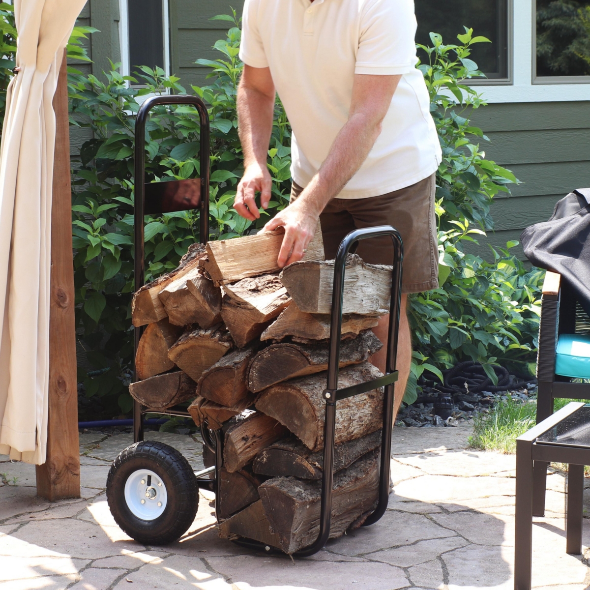 Indoor/Outdoor Steel Rolling Firewood Log Cart Carrier with Wheels - 1/8 Face Cord - Black