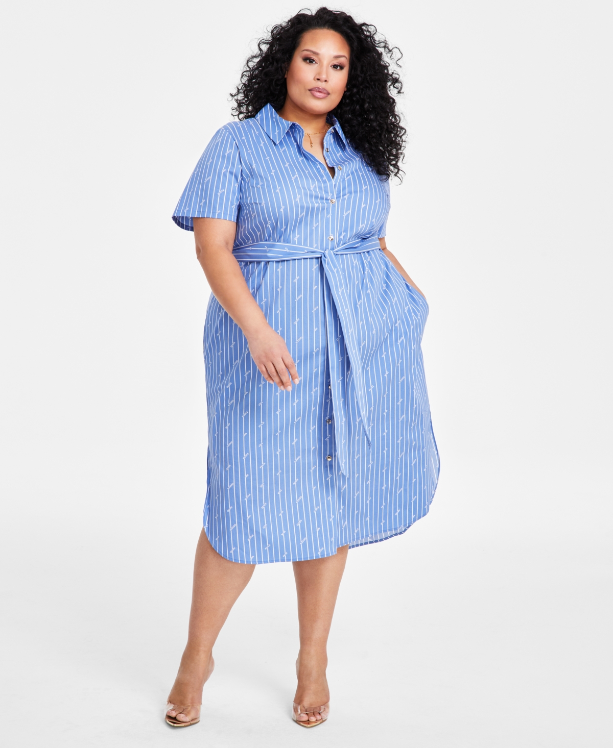 Plus Size Belted Striped-Print High-Low Dress - Blue Print