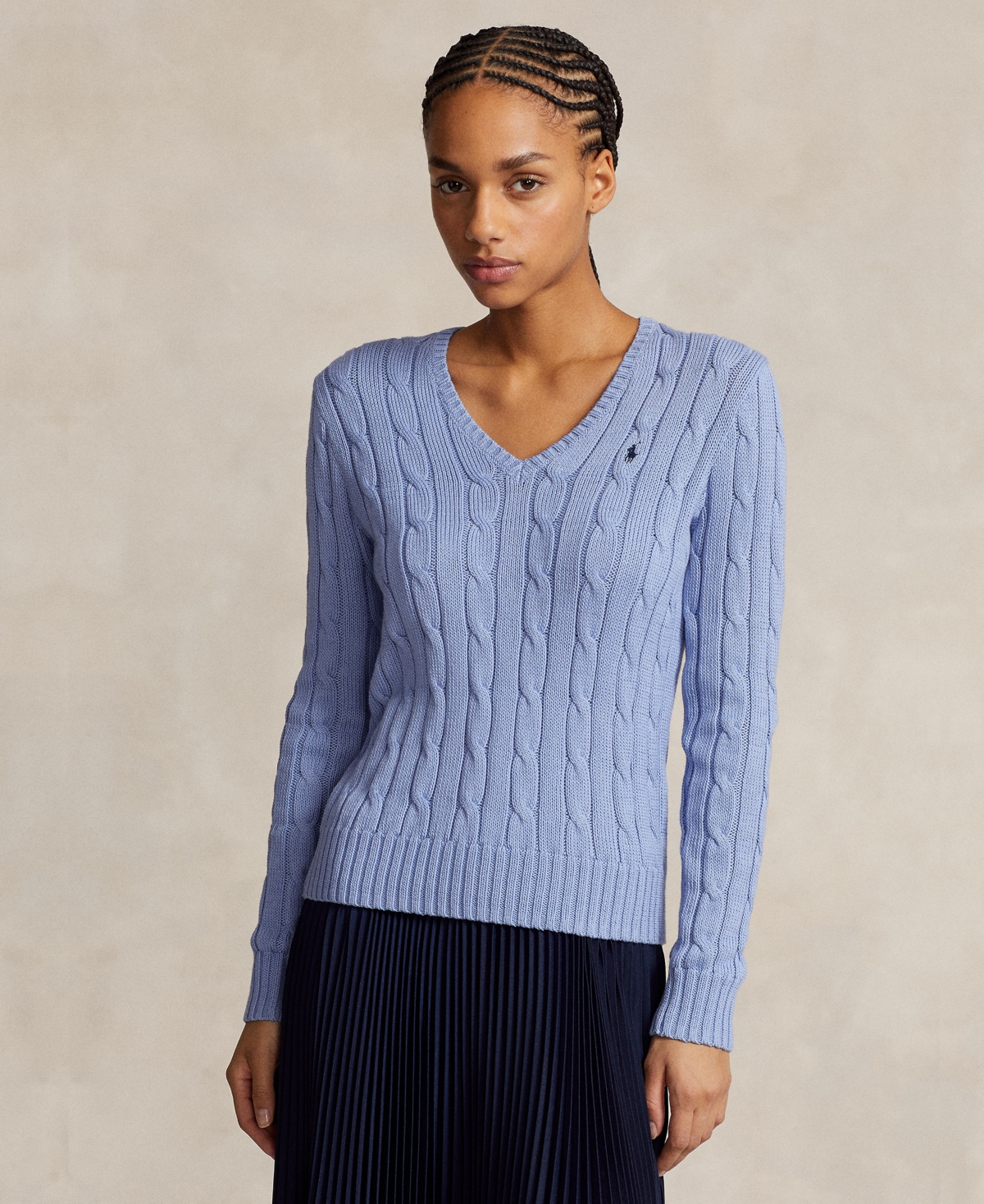 Women's Cable-Knit Cotton V-Neck Sweater - Carmel Pink