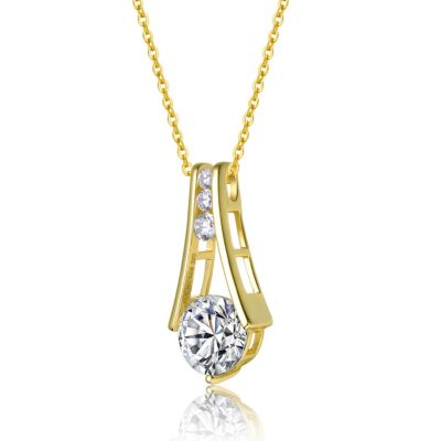 Sterling Silver 14K Gold Plated and Clear Cubic Zirconia Round Spring Ring Pendant Necklace