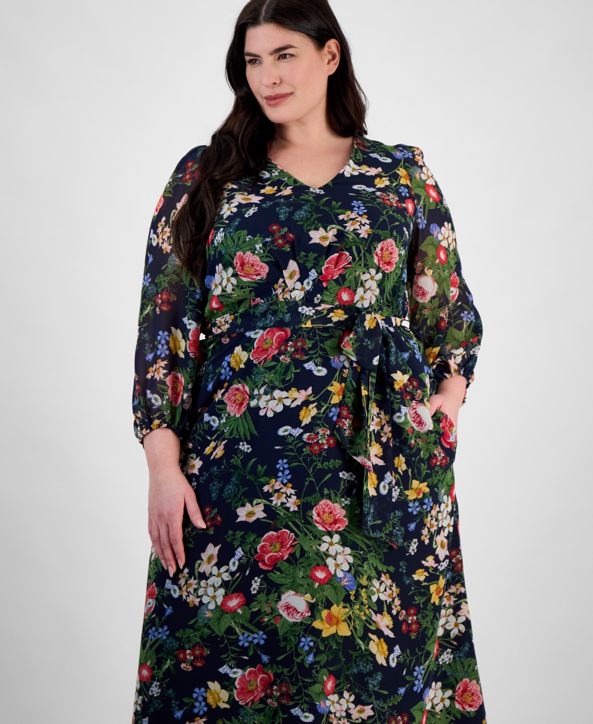 Anne Klein Floral Print Long Sleeve Chiffon Midi Dress In Distant Mountain Multi