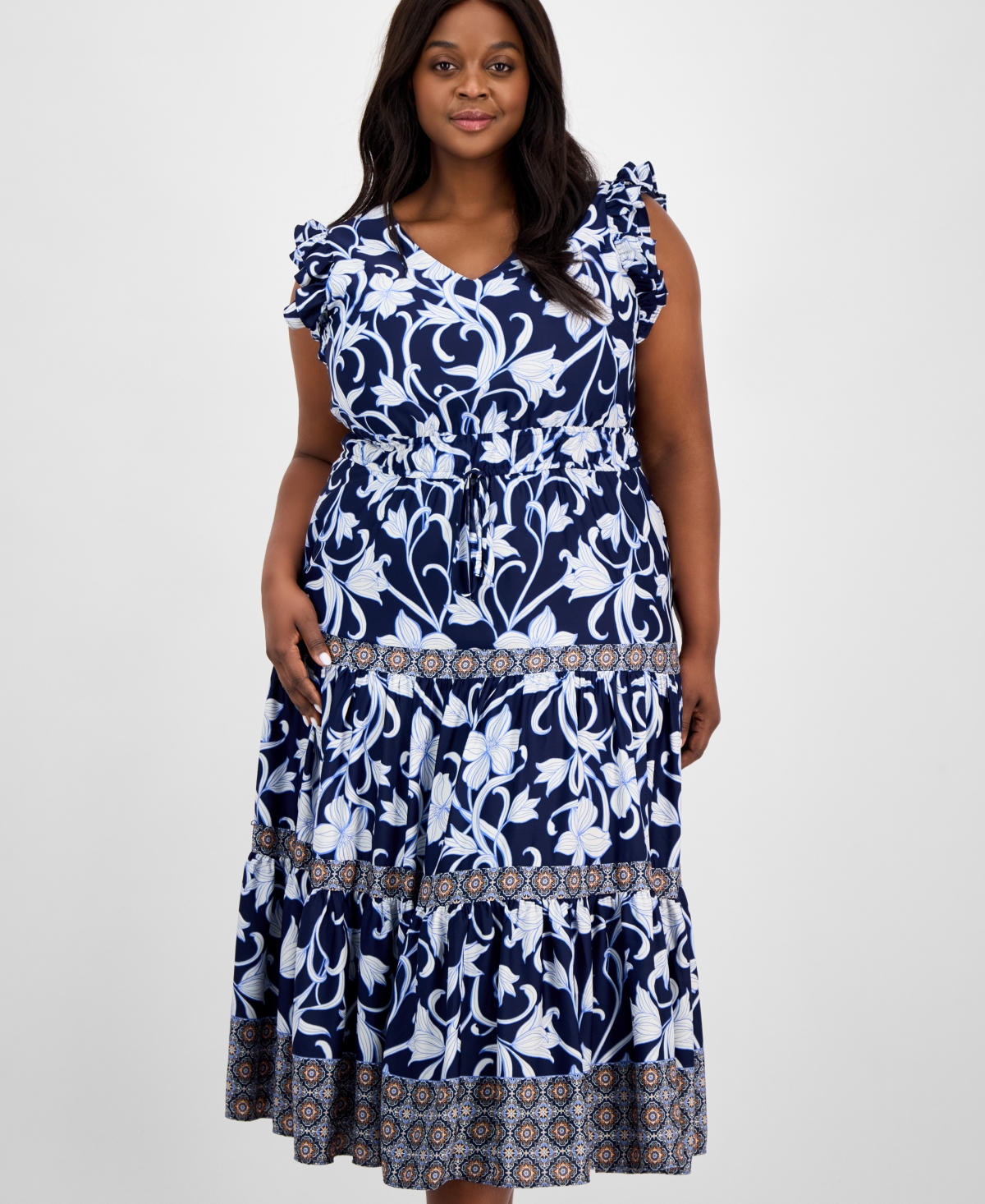 Anne Klein Floral Print Ruffle Tie Waist Maxi Dress In Distant Mountain Multi