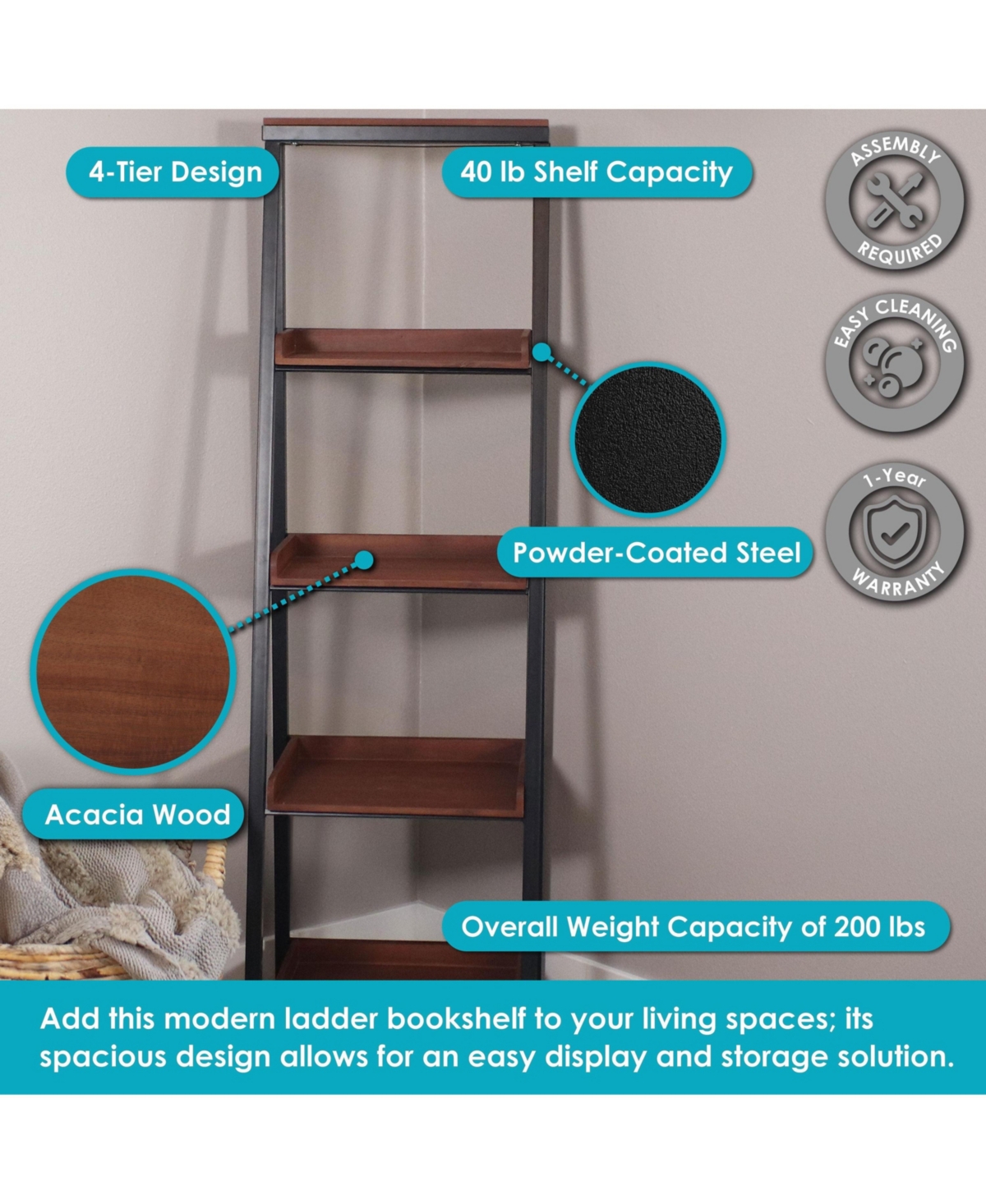 Indoor 4-Shelf Acacia Wood Ladder Bookshelf - 59.75" H