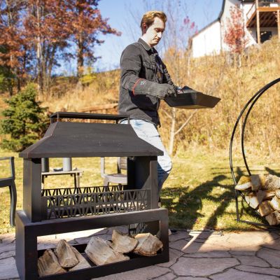 Backyard Blaze Heavy-Duty Steel Outdoor Fireplace - Built-In Log Storage and Protective Cover - 35-Inch H - Brushed Bronze