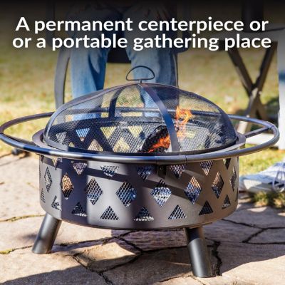 Outdoor Camping or Backyard Crossweave Cut Out Fire Pit with Spark Screen and Log Poker