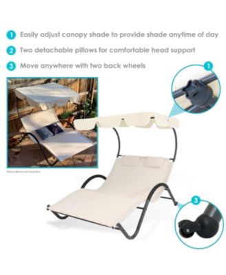Outdoor Double Chaise Lounge with Canopy Shade and Headrest Pillows, Beige