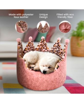 Dream Black Label Leopard Print Crown Dog Bed - Washable Round Cat Bed, Elegant Royal Design Indoor Cuddler Pet Beds for Puppy and Kitten