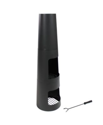 Outdoor Backyard Heavy-Duty Steel Modern Wood-Burning Fire Pit Chiminea with Built-In Log Storage - 49" - Black