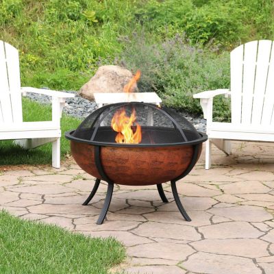 Outdoor Portable Camping or Backyard Large Round Fire Pit Bowl with Spark Screen, Wood Grate, and Log Poker - 32" - Copper Finish