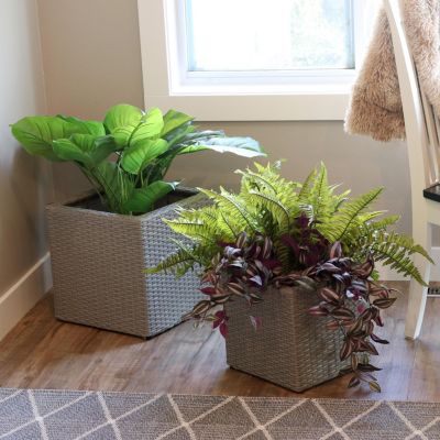 Square Indoor Polyrattan Planters with Attached Clear Polypropylene Liner 14" Square x 11" H and 14" Square x 11" H - Gray 2-Piece