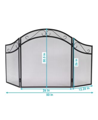 Folding 3-Panel Steel Fireplace Screen with Elegant Scroll Design - Black