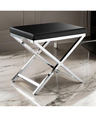Accent Stool with Faux Leather Seat and Chrome-Finished Cross Legs for Modern Elegance