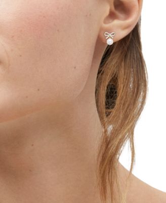 Cultured Freshwater Pearl (6-6-1/2mm) & Diamond (1/6 ct. t.w.) Bow Earrings in 14k Yellow Gold