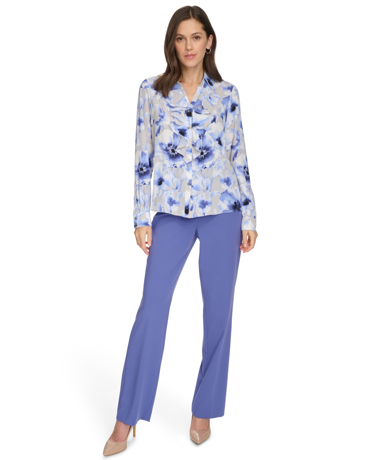 Calvin Klein Women's Printed Ruffle-collar Blouse In Spring Blue Multi