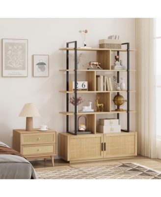 5 Tier Rattan Bookshelf with Storage Cabinet & Door