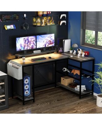 L Shaped Computer Desk with Power Outlets & LED Light, 49.6" Reversible Corner Computer Desk