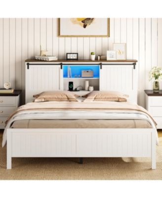 Farmhouse Bed Frame with LED Lights and Charging Station, Wooden Platform Bed with Storage Bookcase Headboard, Bed Frame with Sliding Barn Door, No Box Spring Needed