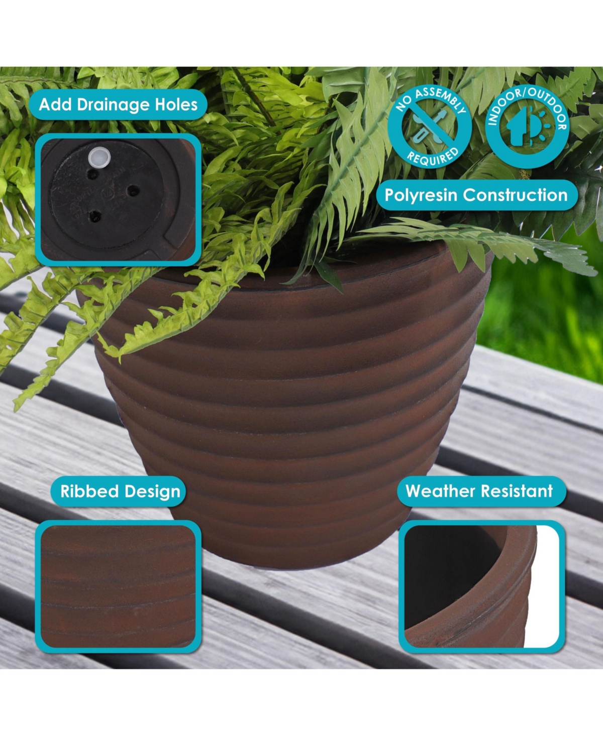Indoor/Outdoor Round Ribbed Polyresin Planter Pot with Double Wall Design - Rust
