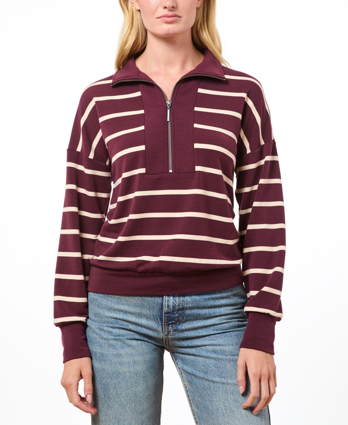 Women's Soft Terry Half Zip Sweatshirt - Fig harbor stripe