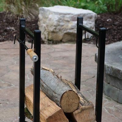 Indoor/Outdoor Steel Fire Pit or Fireplace Firewood Log Rack Holder with Hooks - 32"