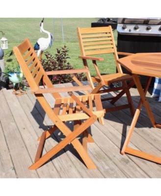 Meranti Wood with Teak Oil Finish Wooden Folding Patio Lawn Slatted Arm Chairs Set - Brown - 2pk