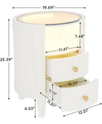 Set of 2 Nightstand with LED Glass Tabletop, Modern Ivory White Nightstand with 2 Drawers, No Assembly Required, Oval Bedside Table