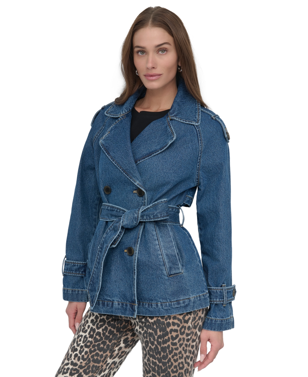 Women's Short Belted Double-Breasted Trench Coat - Washed Denim