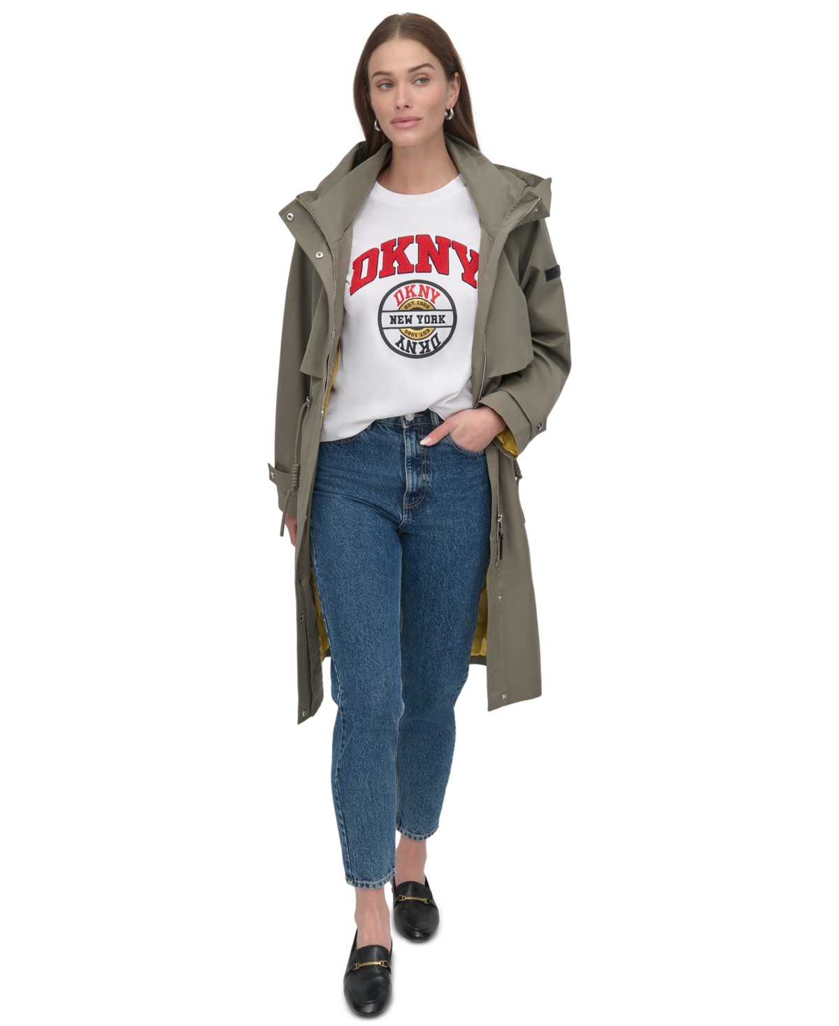 Shop Dkny Women's Hooded Zip-front Long Anorak Coat In Thyme