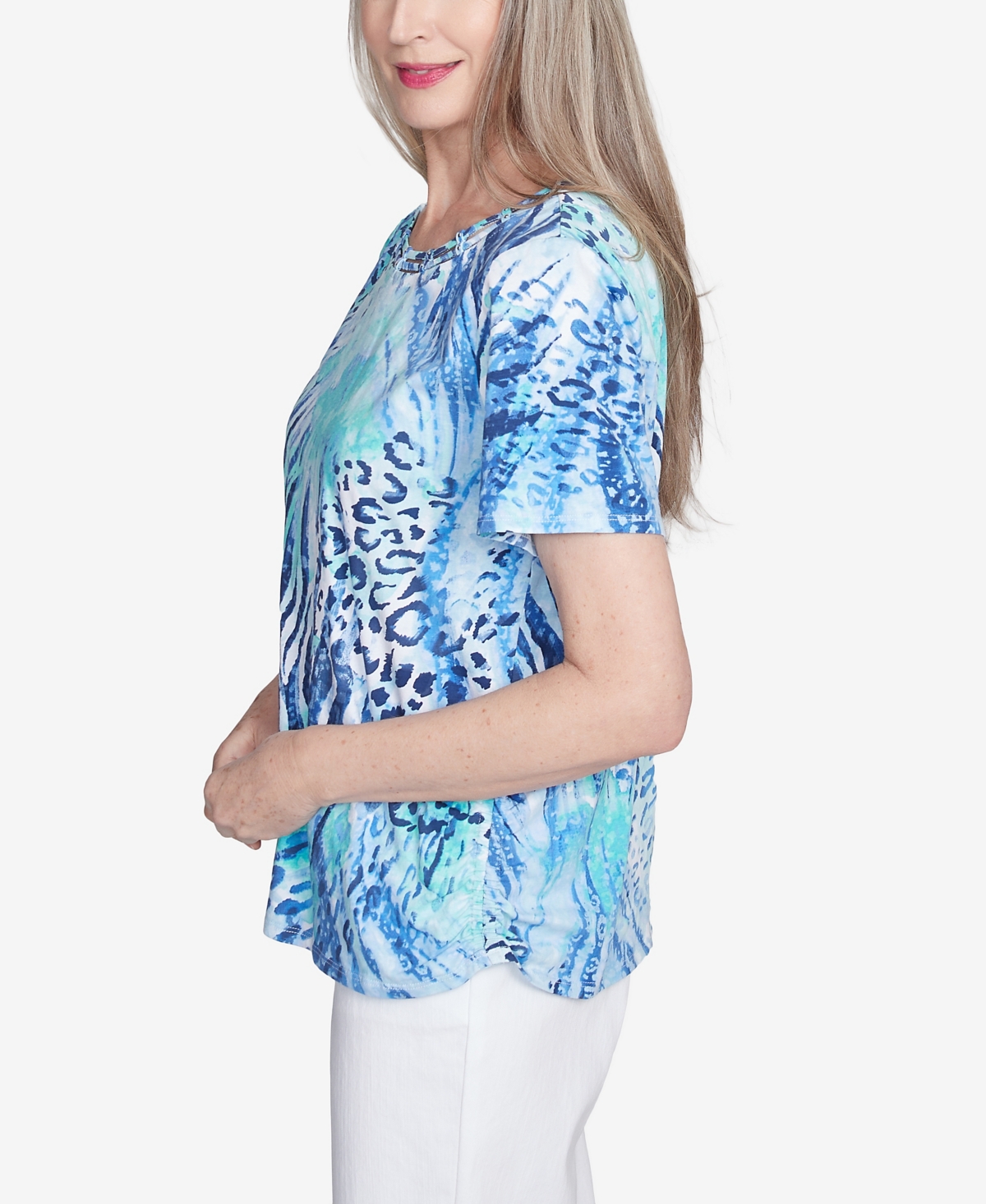 Alfred Dunner Plus Size Animal Printed Top With Ruched Sides In Blue