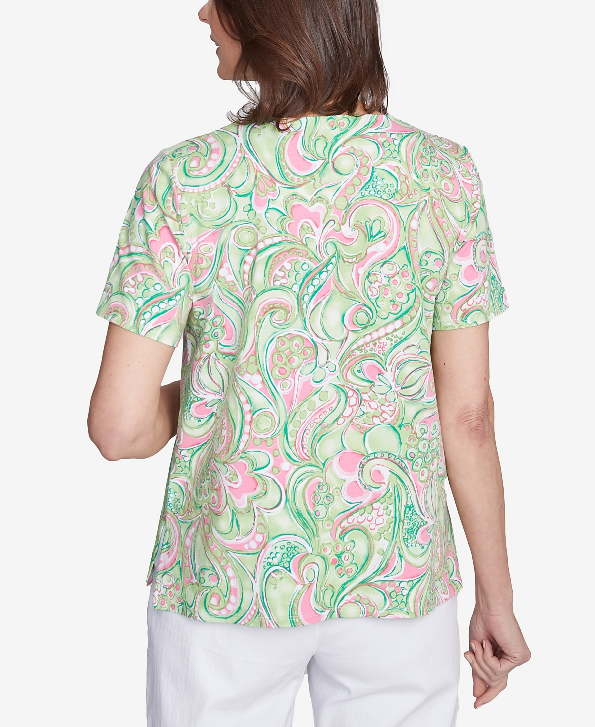 Alfred Dunner Petite Abstract Scroll Crew Neck Top In Green