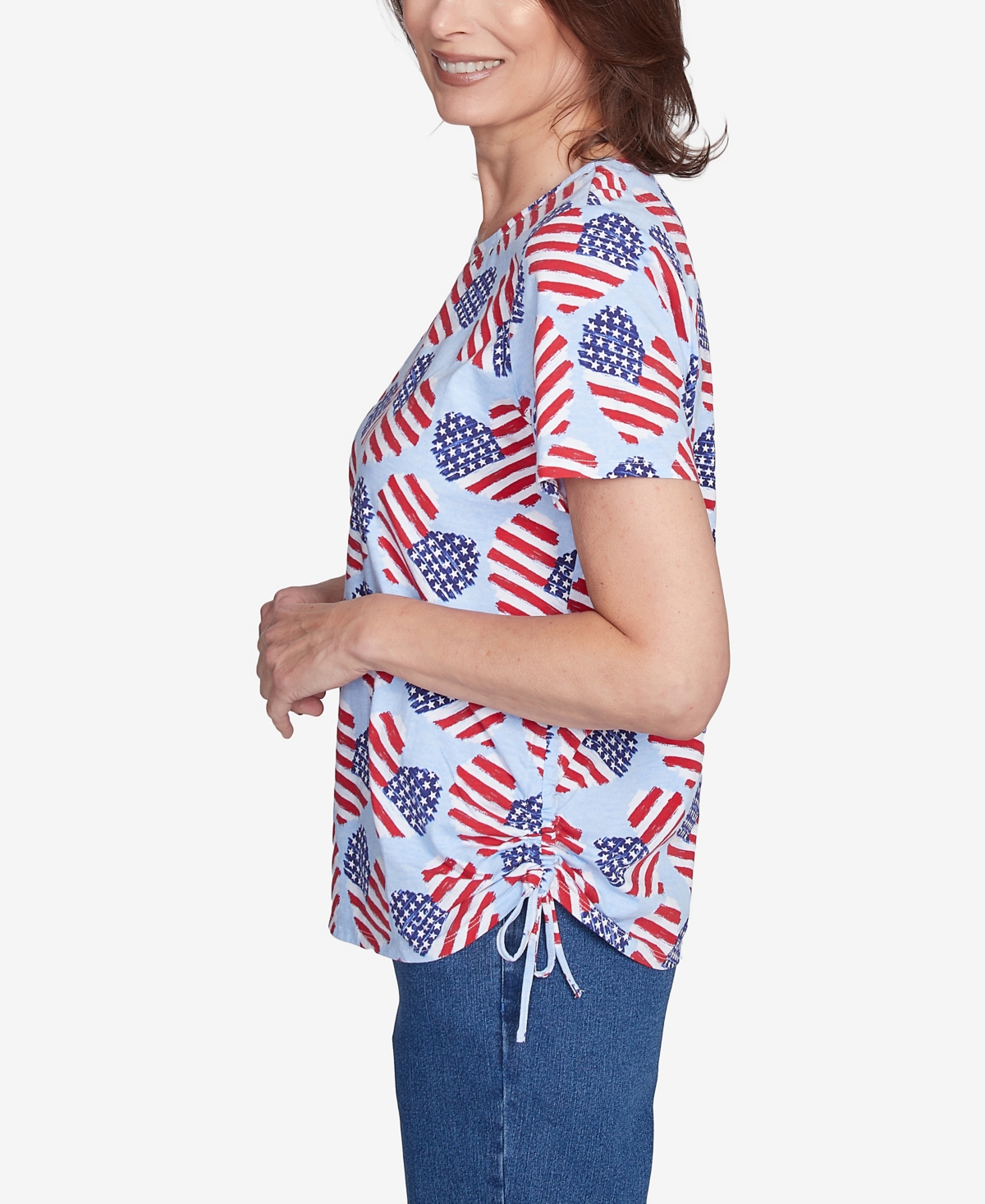 Alfred Dunner Petite All American Flag Hearts Three Quarter Sleeve Shirt In Blue