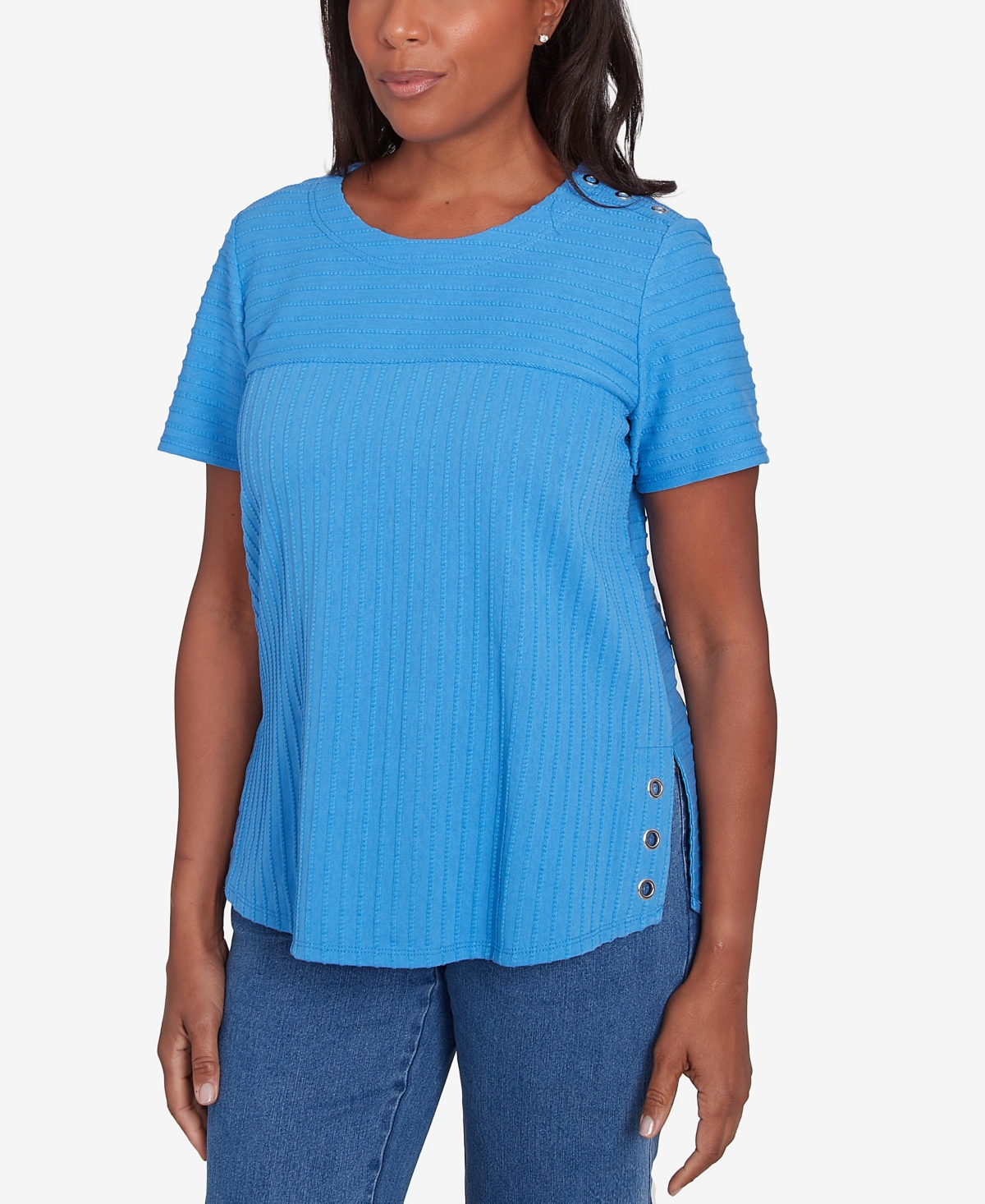 Alfred Dunner Petite Classics Solid Textured Short Sleeve T-shirt In Azure