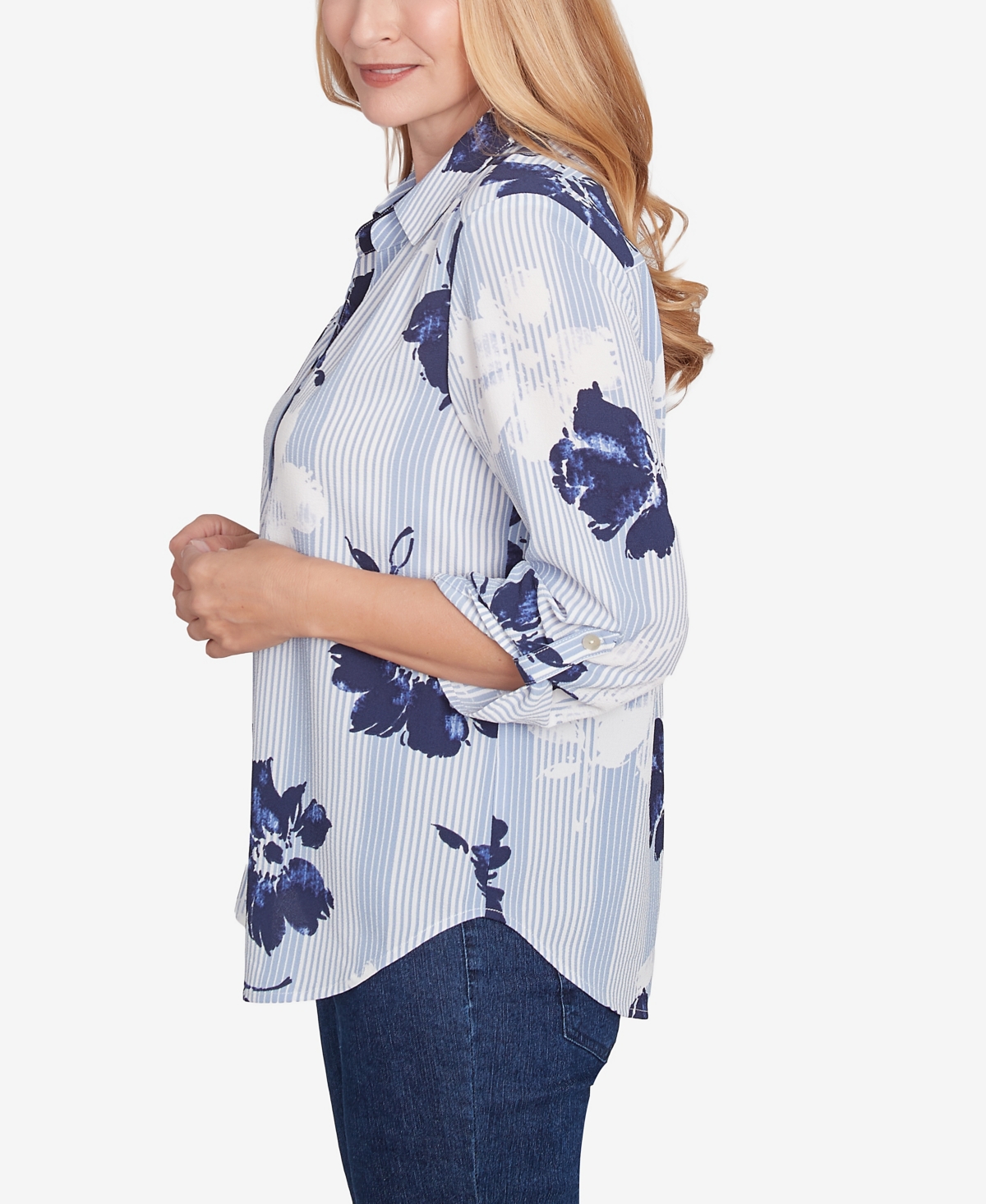 Alfred Dunner Petite Classics Striped Flower Button Front Tie Sleeve Blouse In Navy