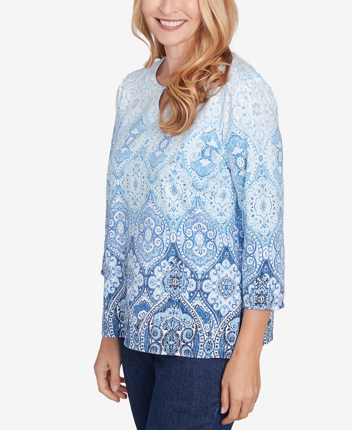 Alfred Dunner Plus Size Classic Split Beaded Neck Ombre Medallion Top In Navy