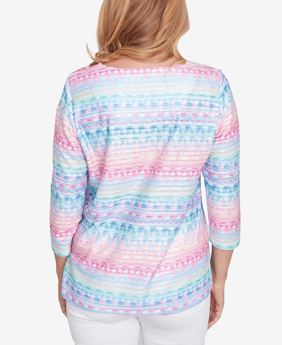 Alfred Dunner Petite Classics Geometric Crewneck Biadere Top In Multi Pink