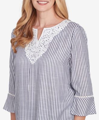 Women's Classic Embroidered Split Neck Striped Top